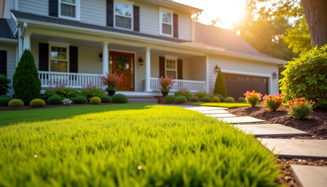 Beautiful landscaped yard with lush grass, flowers, and hardscaping